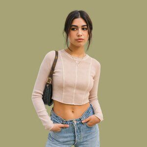 Garage Blush Pink Ribbed Long Sleeve Crop Top (Size P/S)
